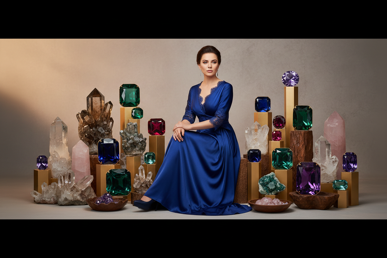 create a image a women sit in front of manifest stones gemstone s need attractive image need a banner size need high quality image