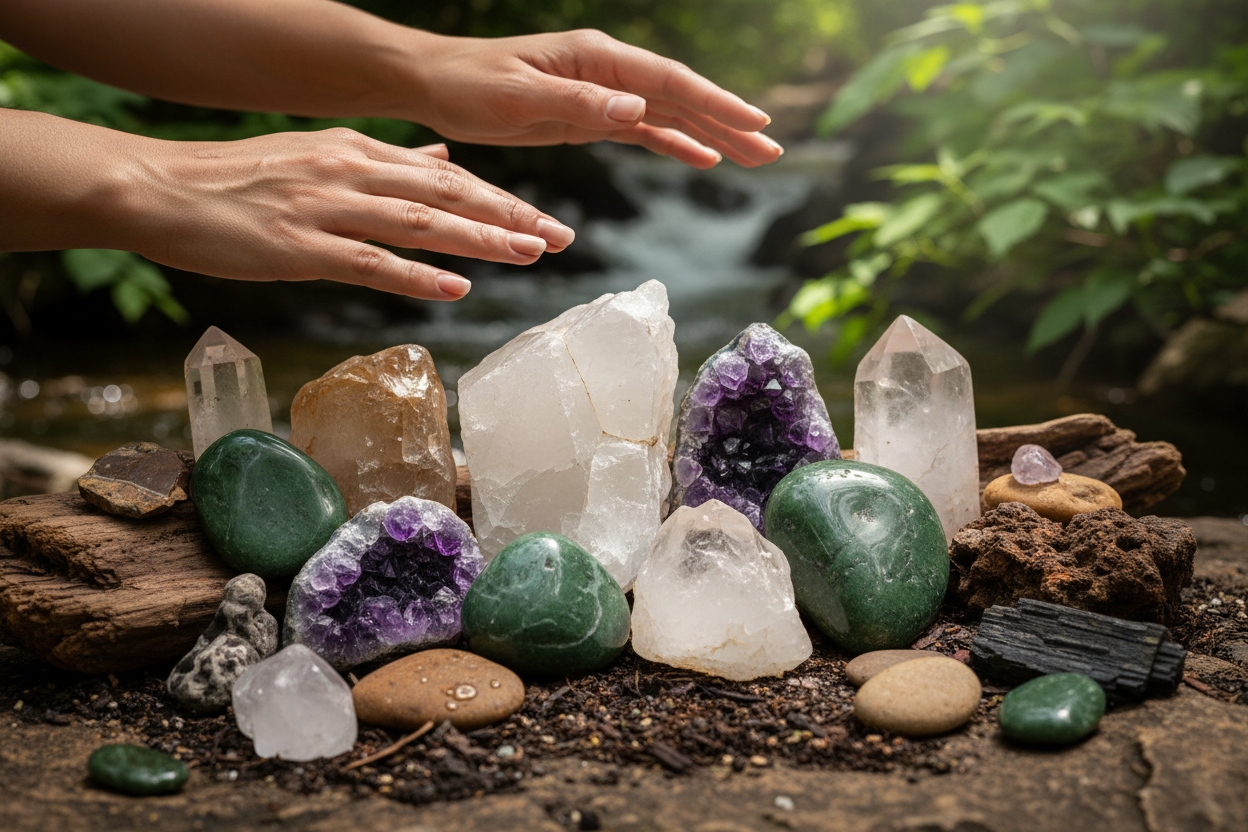 create image for "Earth stones carry natural vibrations. Stable, grounding, and pure.For thousands of years, humanity has turned to them for clarity, balance, protection, and emotional strength.Reading about them sparked something within me. A curiosity that did not feel casual, but personal.During this healing phase, I felt a strong pull to experience these stones beyond books and screens. Not just to read about them, but to understand them where they truly belong."