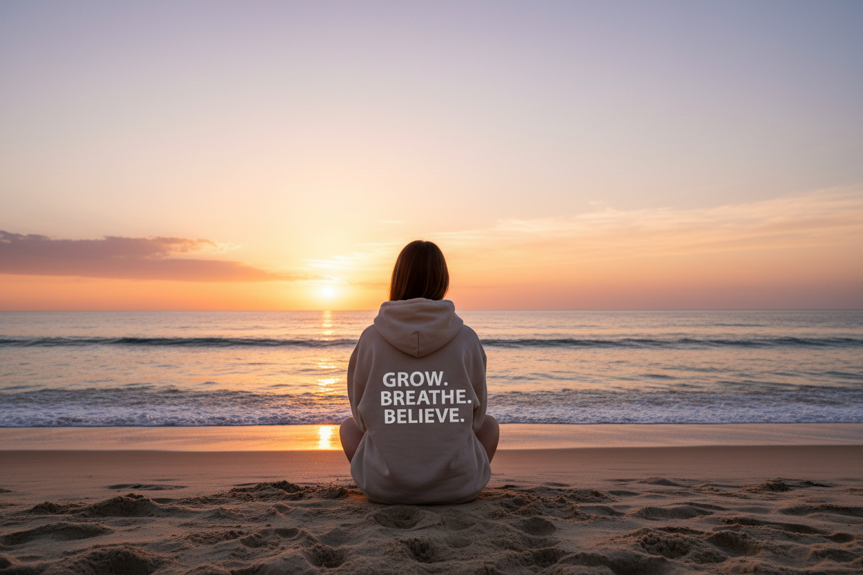 Scene & Subject:

A woman sitting on a quiet beach during sunset.

She is facing the ocean, back toward the camera.

Wearing an oversized neutral-toned sweatshirt or t-shirt.

The back of the clothing features a bold, motivational quote in clean typography.

Composition:

Subject positioned centrally but lower in frame to allow space for text overlays.

Ocean horizon and sky clearly visible.